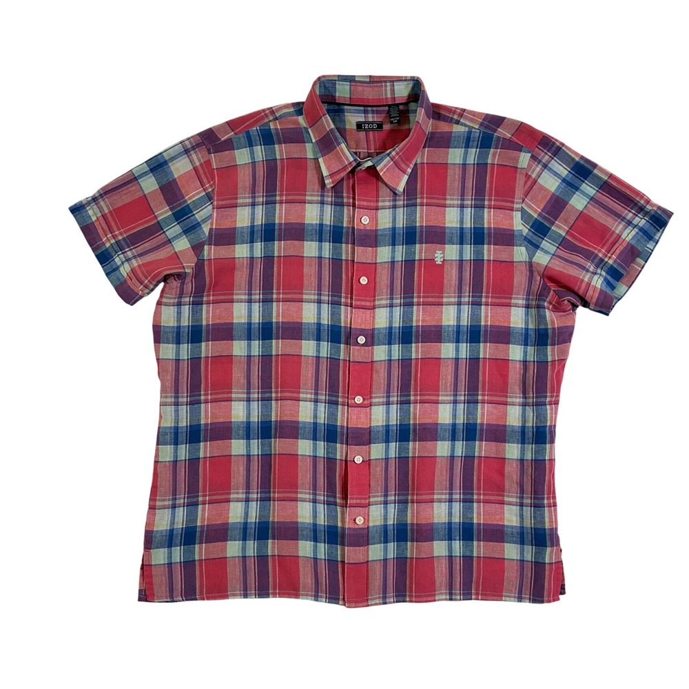 IZOD Mens XXL Short Sleeve Linen Blend Plaid Button Down Shirt Pink Blue